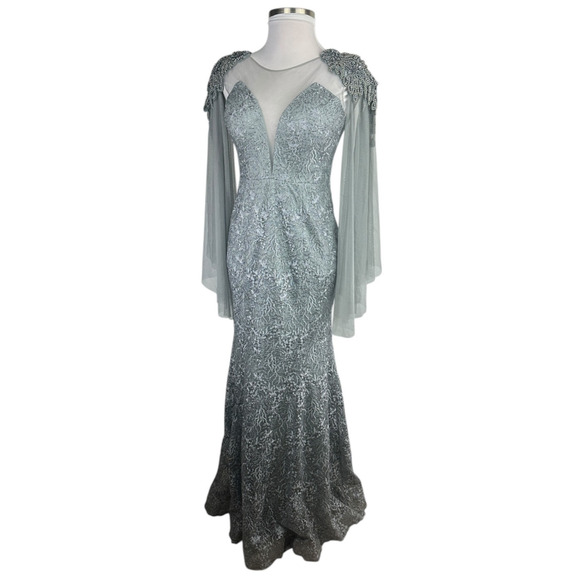 Dekolte Beaded Lace Sequin Evening Gown Mermaid Illusion Cape Sleeve Formal 42 - Picture 3 of 16